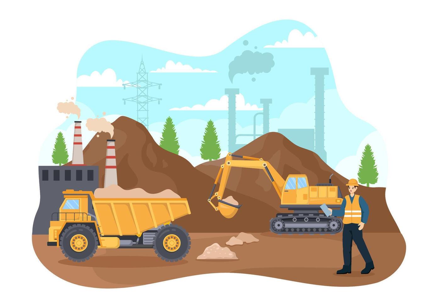 Mining Company Vector Illustration with Heavy Yellow Dumper Trucks for Sand Mine Industrial Process or Transportation in Flat Cartoon Background