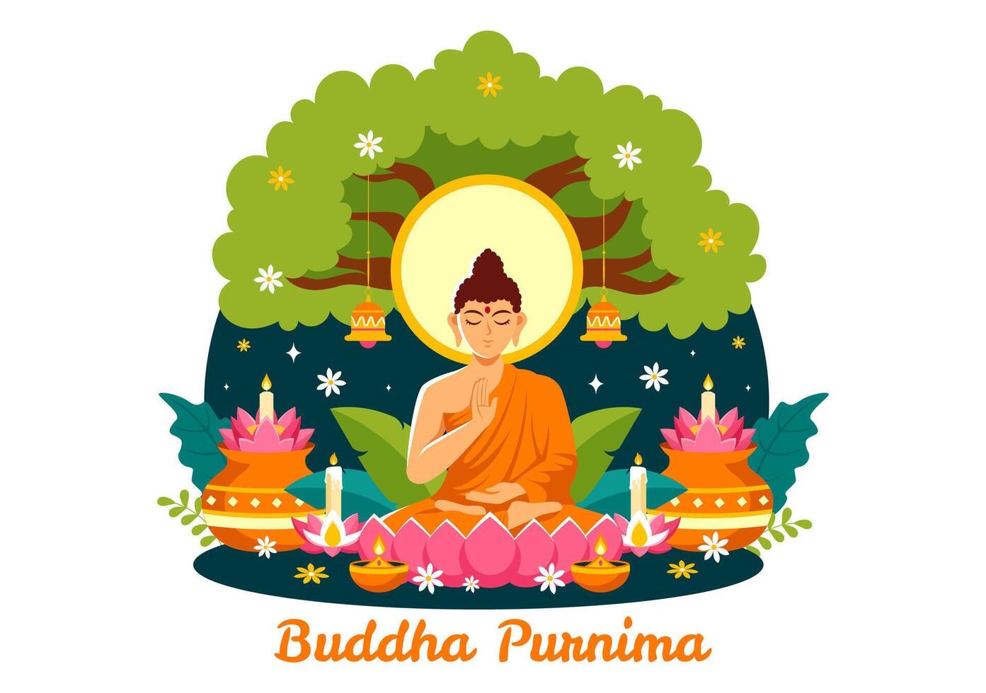 contento Buda purnima vector ilustración de vesak día o indio festival a espiritual con en un profundo meditación en plano dibujos animados antecedentes