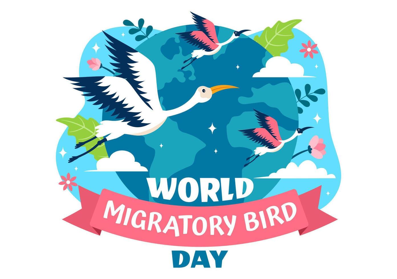 mundo migratorio pájaro día vector ilustración con aves migraciones grupos y su hábitats para vivo acuático ecosistemas en plano dibujos animados antecedentes