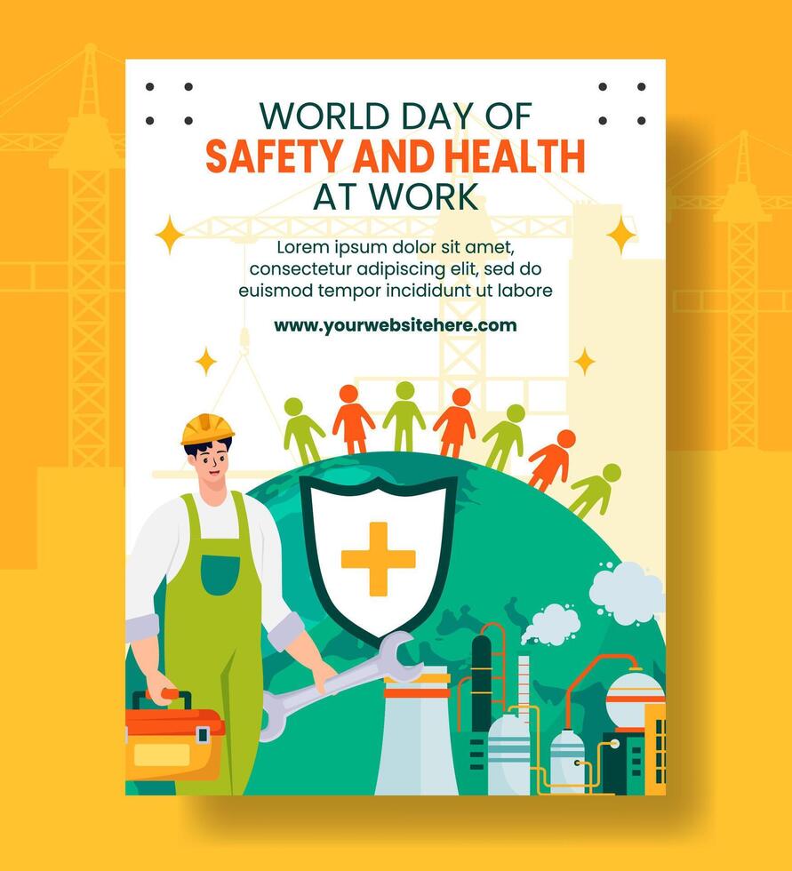 Safety and Health at Work Day Vertical Poster Cartoon Hand Drawn Templates Background Illustration vector
