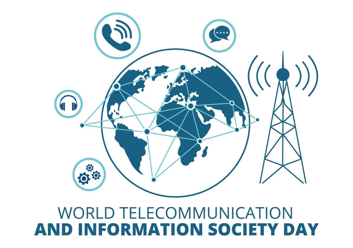 mundo telecomunicación y información sociedad día vector ilustración en mayo 17 con comunicaciones red a través de tierra globo en plano antecedentes