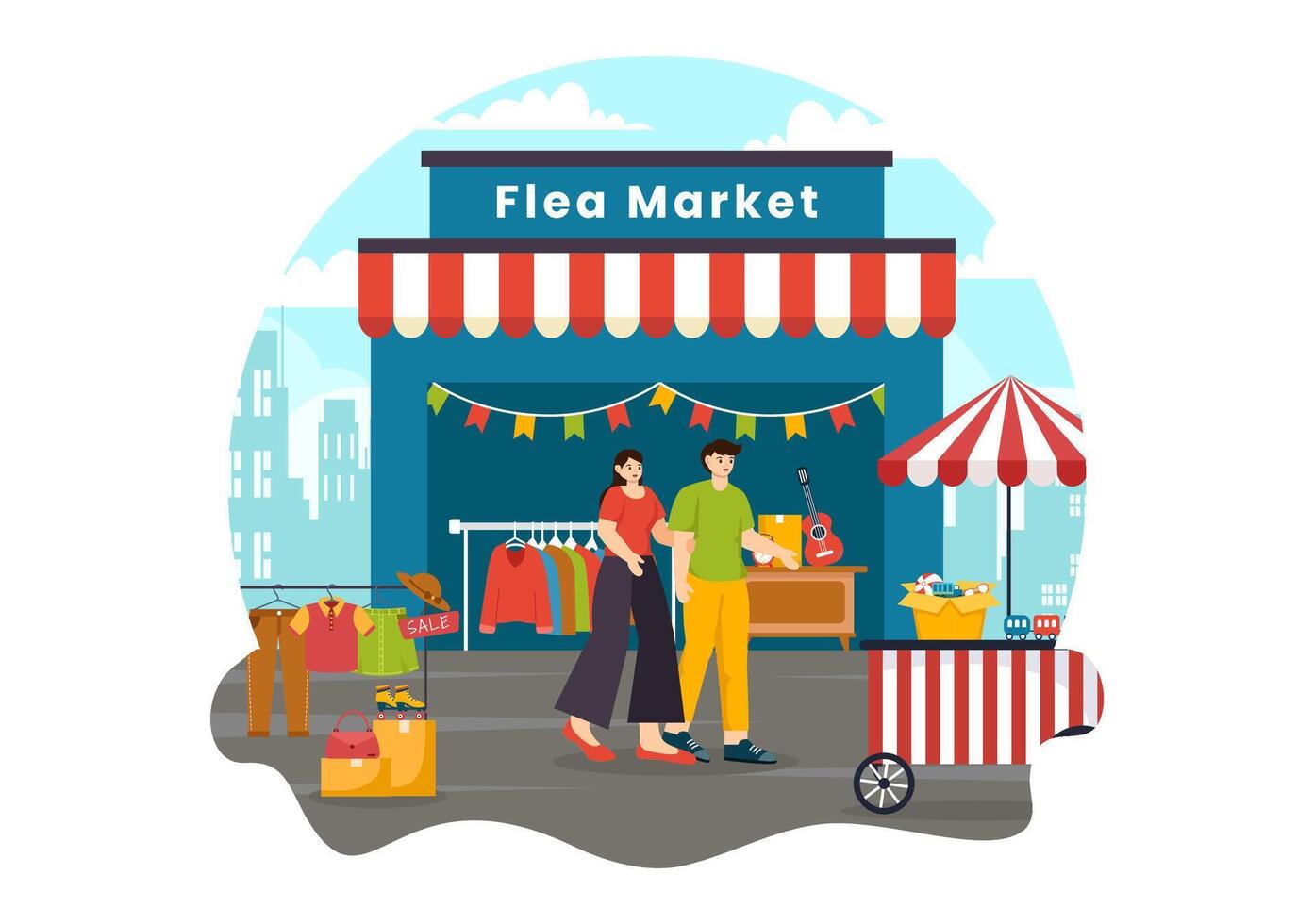 Flea Market Vector Illustration with Second Hand Shop with Shoppers, Swap Meet, Sellers and Customers at Weekend in Business Flat Background