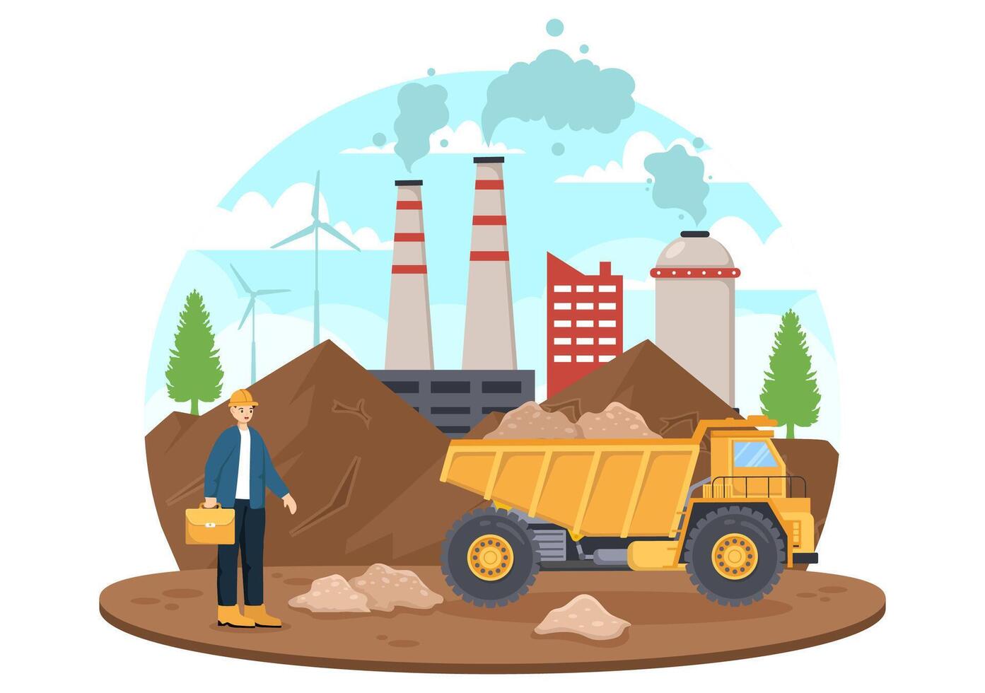 minería empresa vector ilustración con pesado amarillo compuerta camiones para arena mía industrial proceso o transporte en plano dibujos animados antecedentes