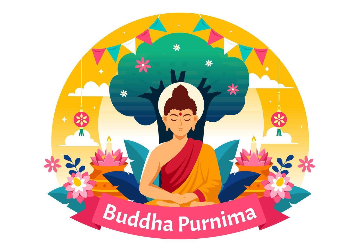 contento Buda purnima vector ilustración de vesak día o indio festival a espiritual con en un profundo meditación en plano dibujos animados antecedentes