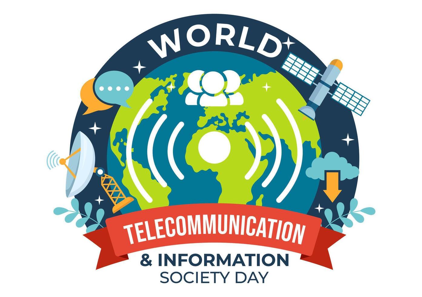 mundo telecomunicación y información sociedad día vector ilustración en mayo 17 con comunicaciones red a través de tierra globo en plano antecedentes