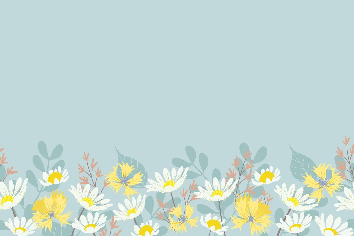 Flower and leaf backgrounds border frame white daisy cornflower meadows design. Vector illustration. Spring summer background.