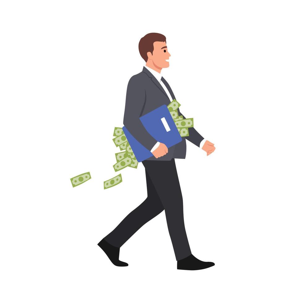 businessman walking carrying Map or envelope with Money Flying. Green banknotes flying out of bag with dollar sign on it vector