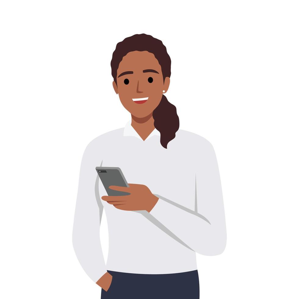 Young woman dials the phone number with a happy face. A Girl is holding a smartphone and calling. vector