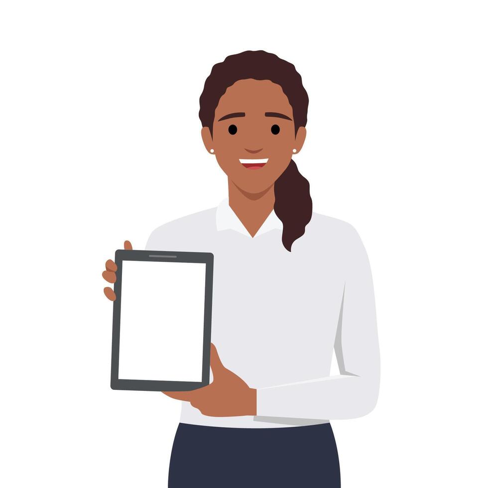 joven mujer demostración blanco tableta ordenador personal monitor para Copiar espacio. vector