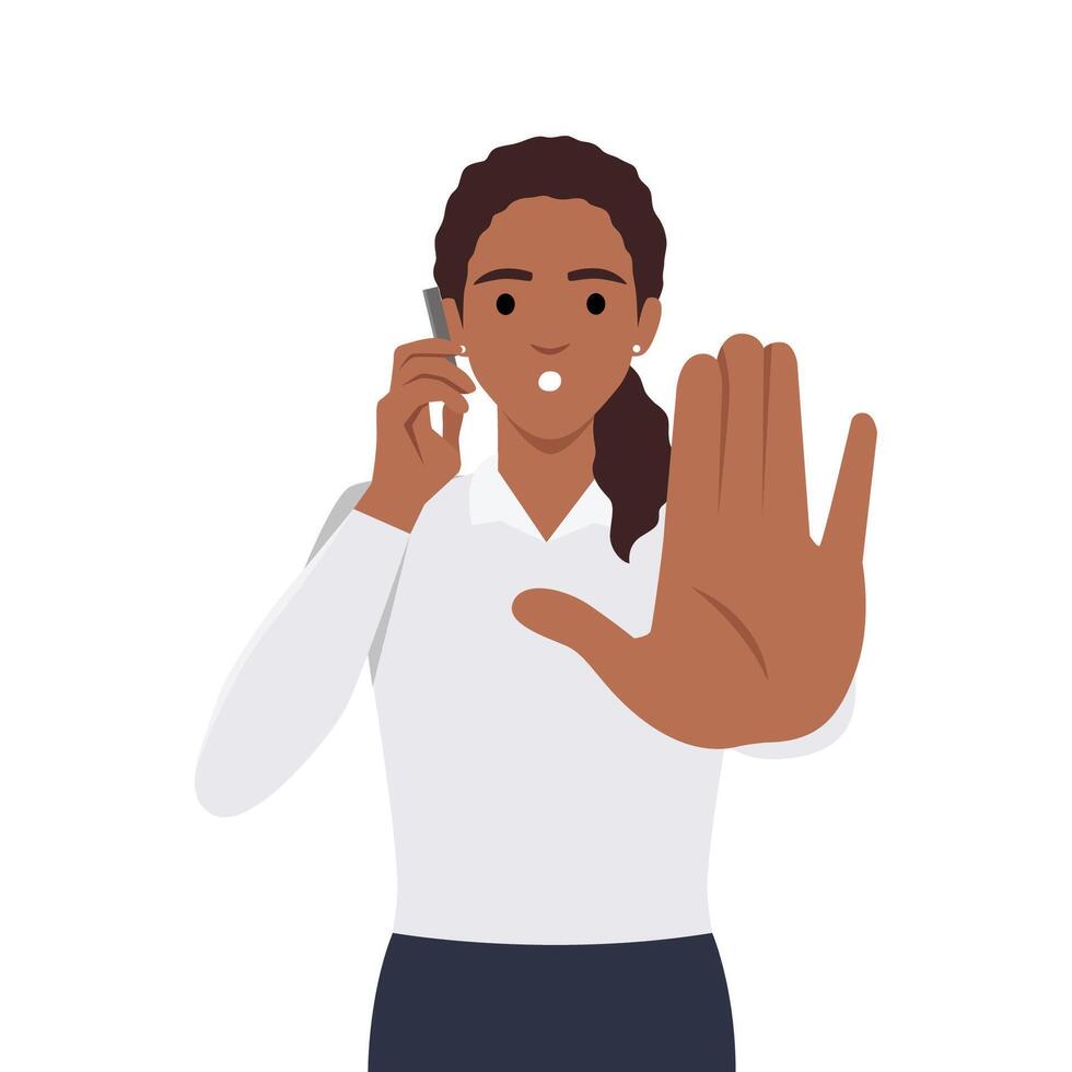 Young woman with hand gesturing no or stop sign while talking on the phone. vector