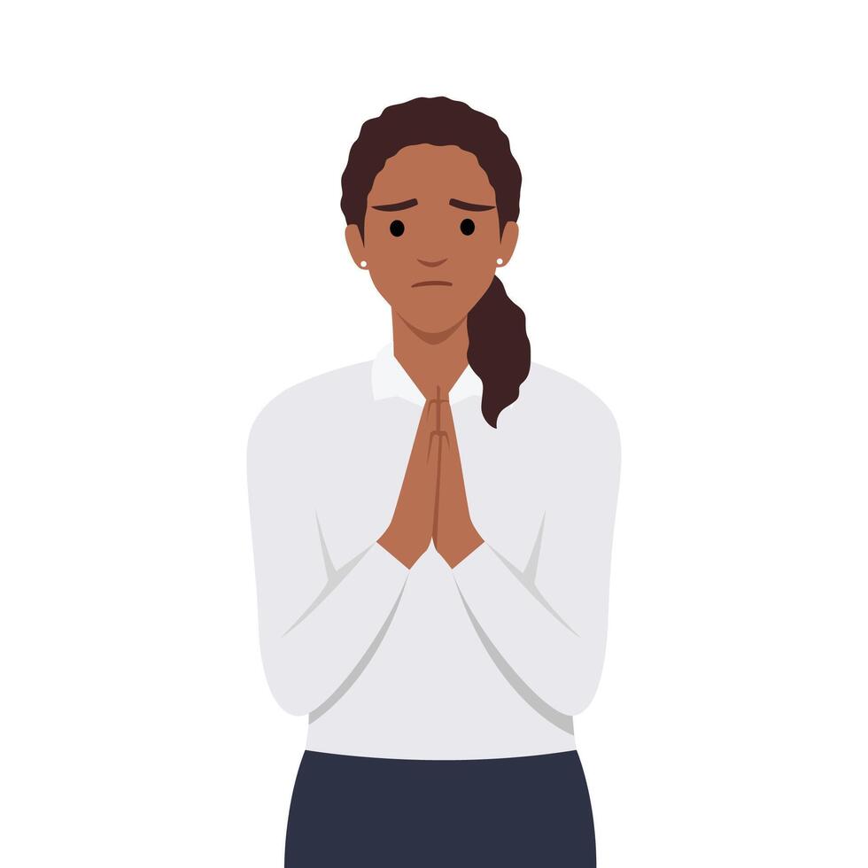 Young woman holding palms pressed together, asking for forgiveness, feeling sorry. vector