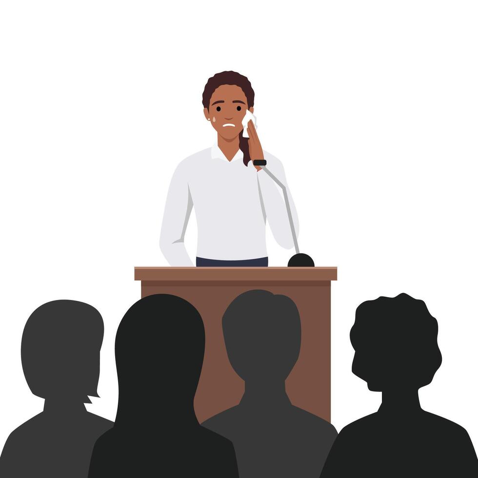 Young woman feeling fear and anxiety before stage speech. Nervous shy speaker with fright of audience. Lecturer sweating at public speaking. Flat vector illustration isolated on white background