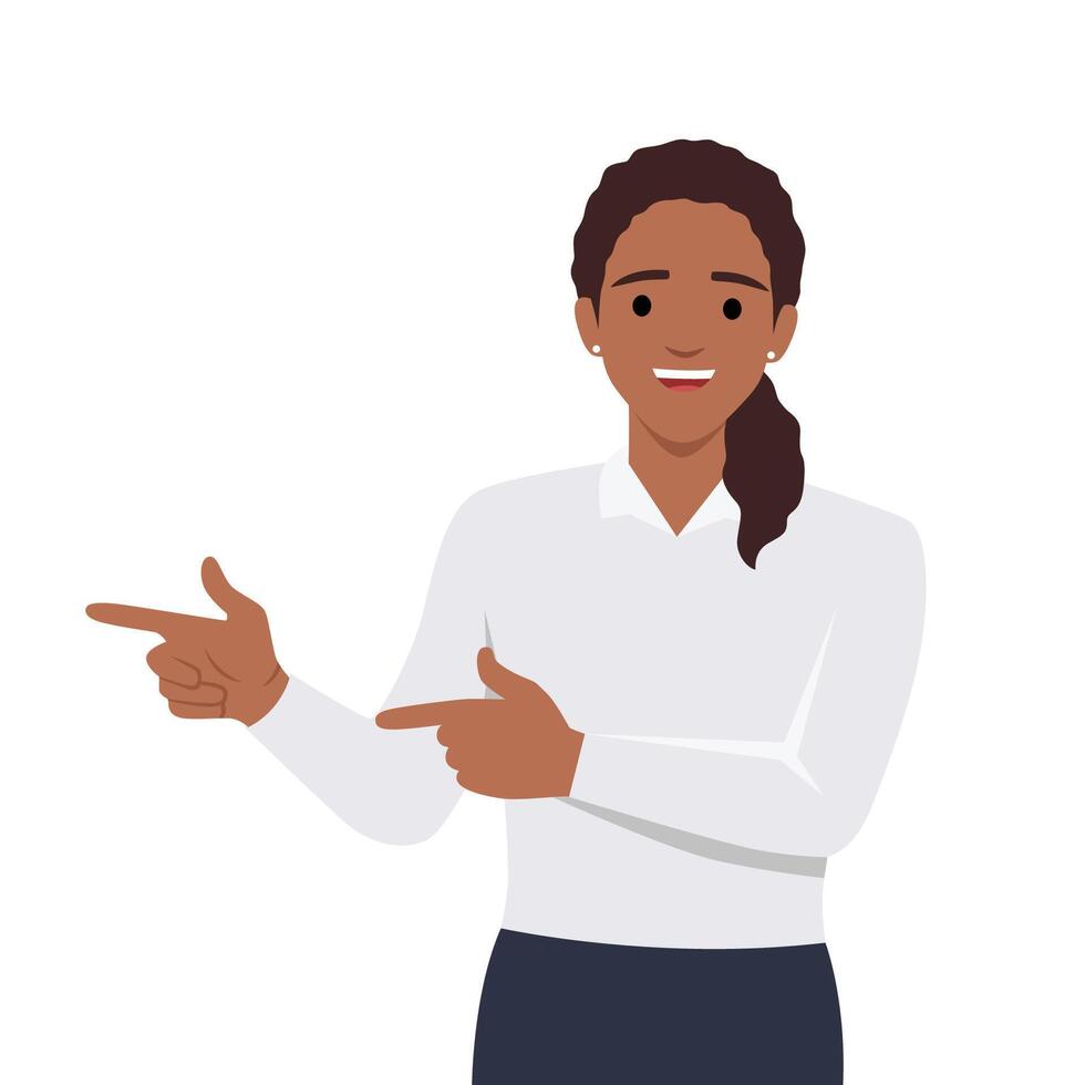 Woman hand pointing finger at left up corner with happy expression and advices use this copy space wisely. vector