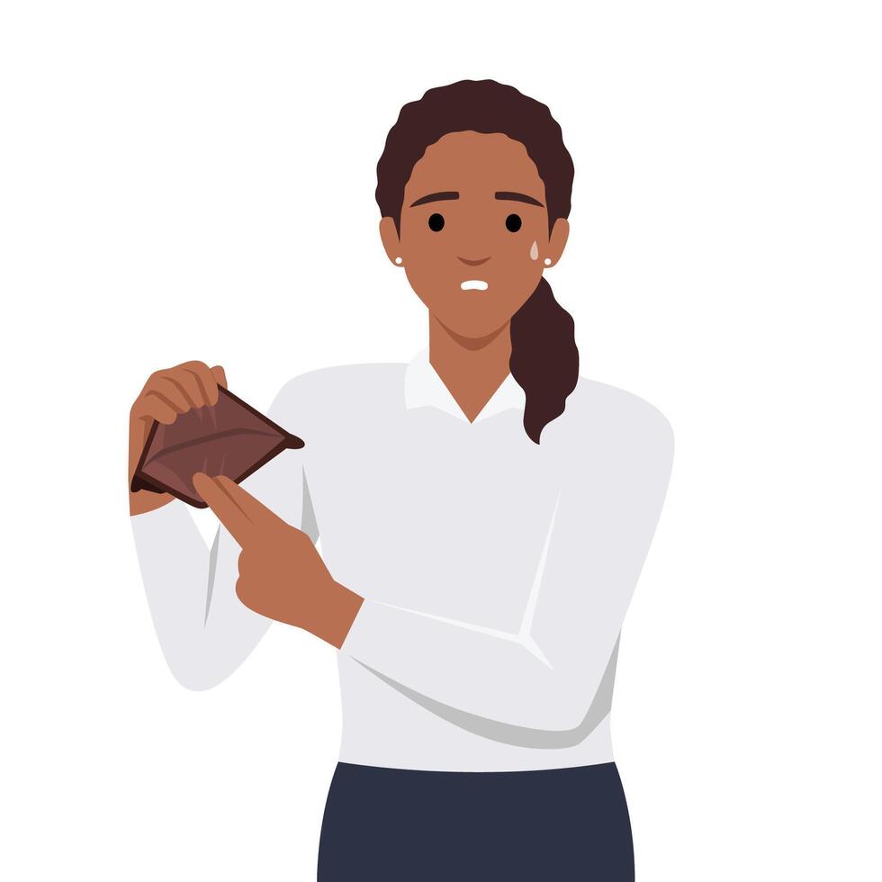 Young unhappy woman showing empty wallet. Financial Failure. vector
