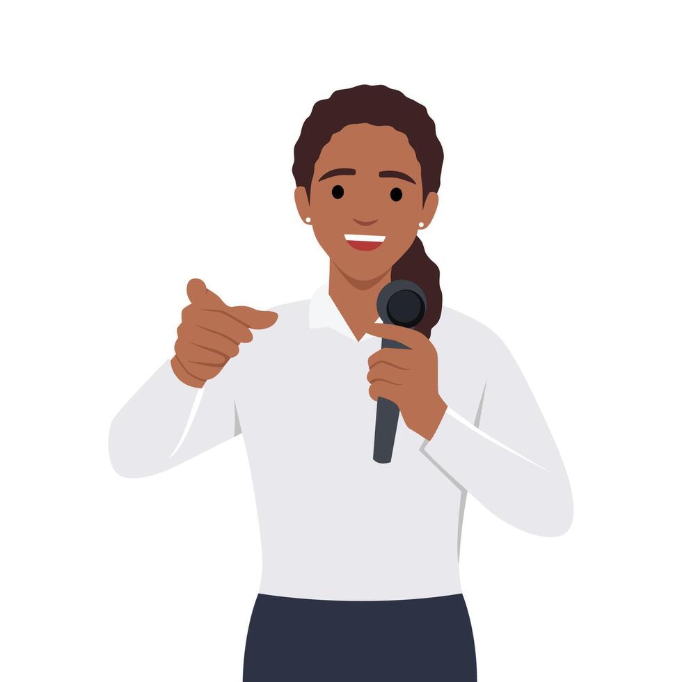 Young woman mc with microphone talking and pointing to the audience. Flat vector illustration isolated on white background