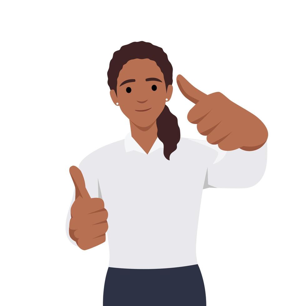 Young happy smiling woman or girl teenager character showing thumbs up. vector