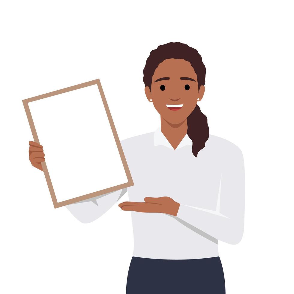 Happy beautiful young woman holding or showing a blank clipboard and showing hand to copy space. vector