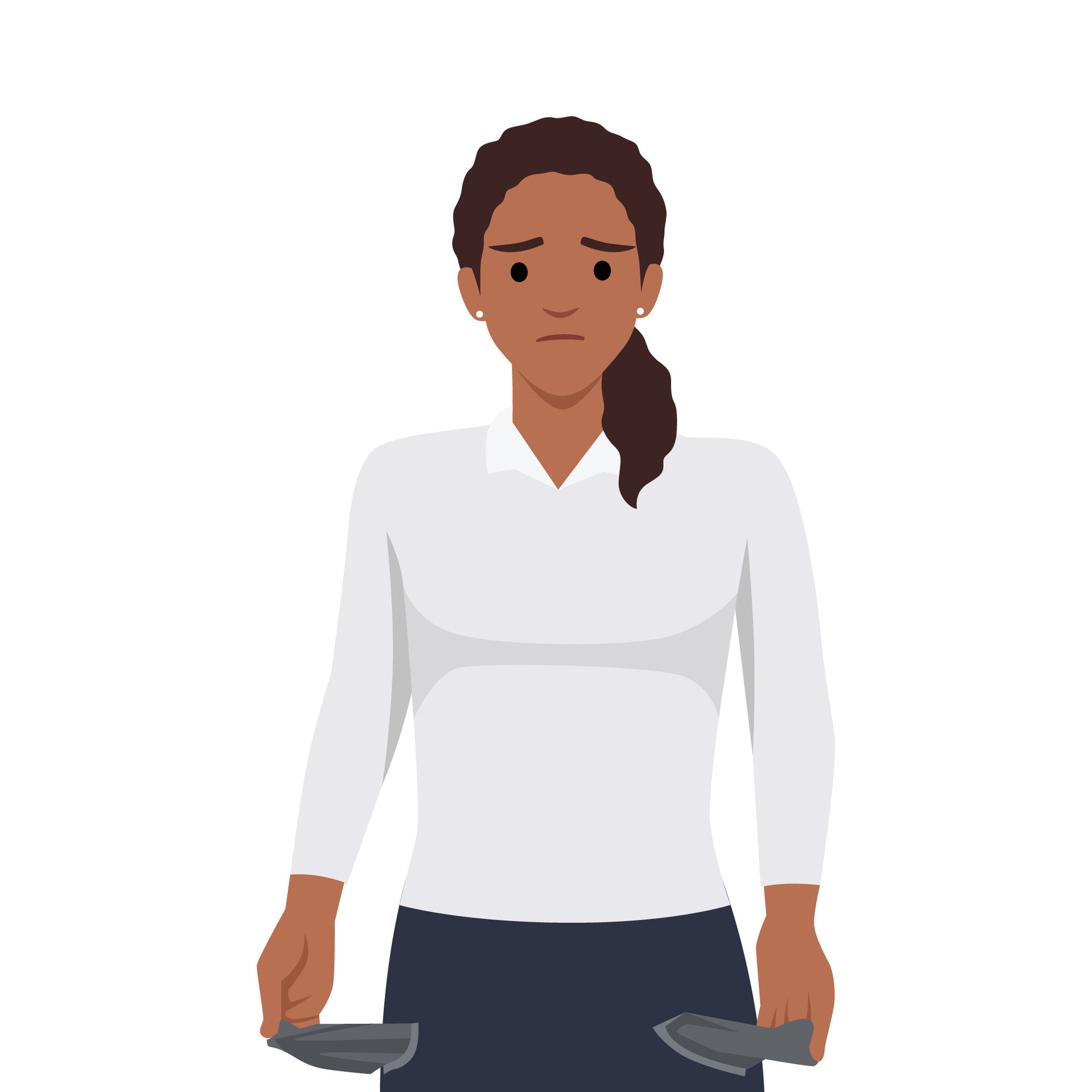 Young woman shows empty pockets. Turned inside out, no money, financial