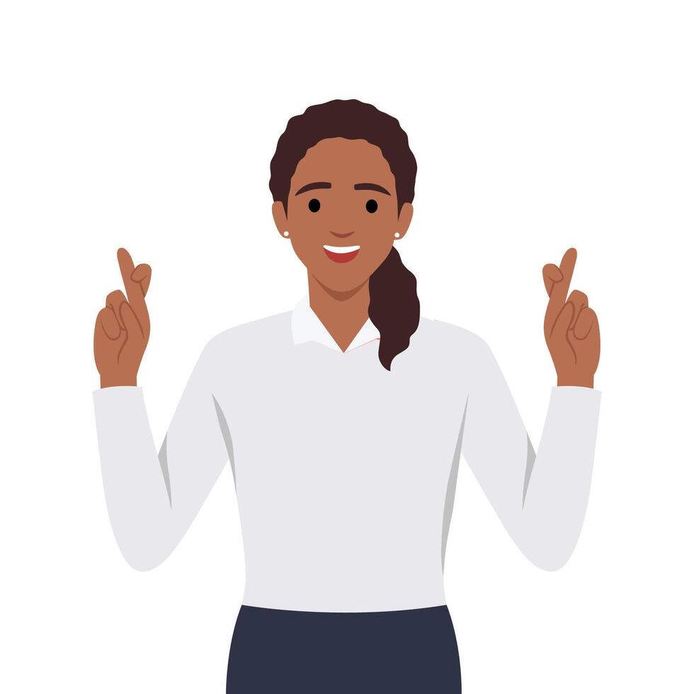 Feeling hope with crossed fingers concept. Young positive woman cartoon character standing with eyes closed holding fingers crossed. Flat vector illustration isolated on white background