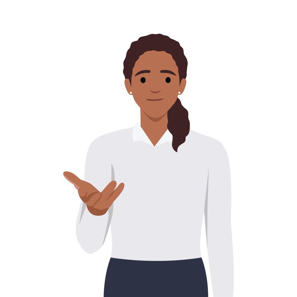 Young woman standing and talking with hand gesture trying to convict. Ask people to join. vector