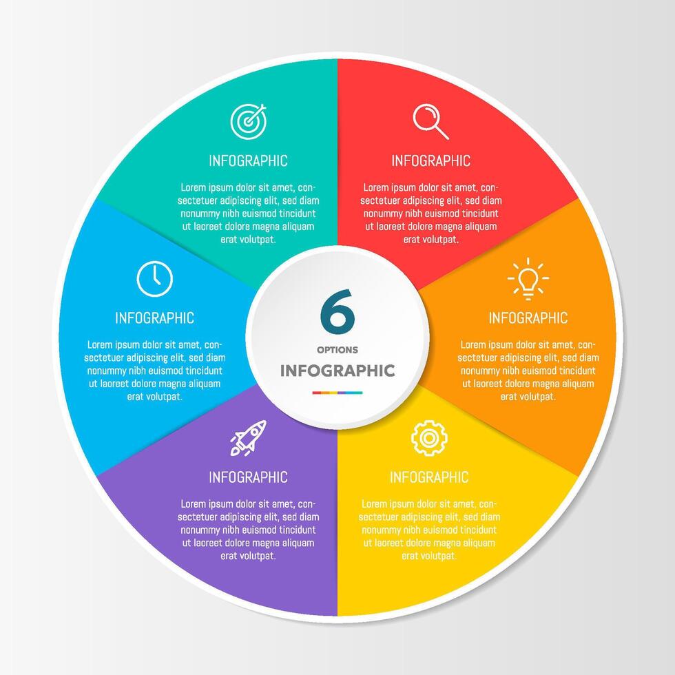 Circle shape infographic chart template with 6 options. vector