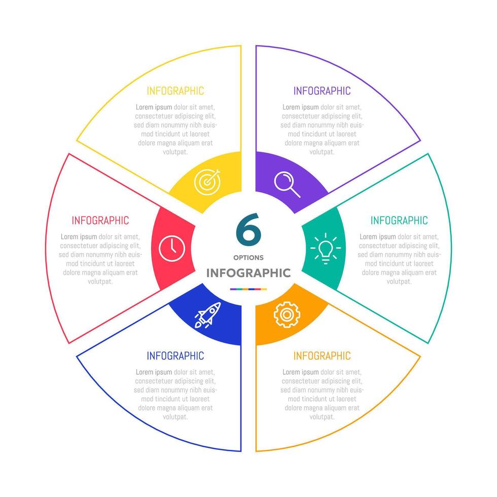 Circle shape infographic chart template with 6 options. vector