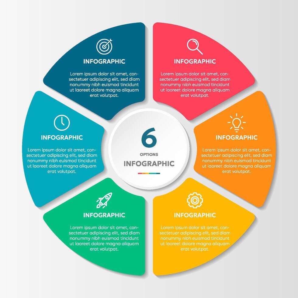 Circle shape infographic chart template with 6 options. vector