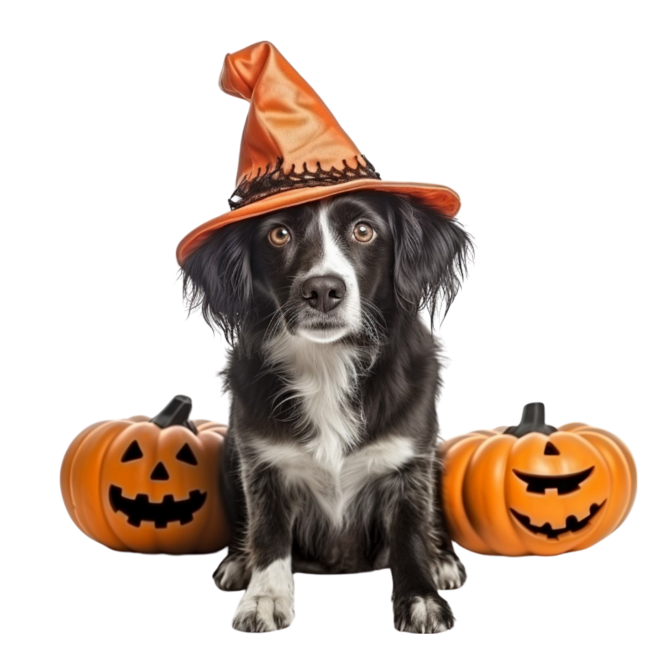 AI generated dog wearing a halloween witch hat png