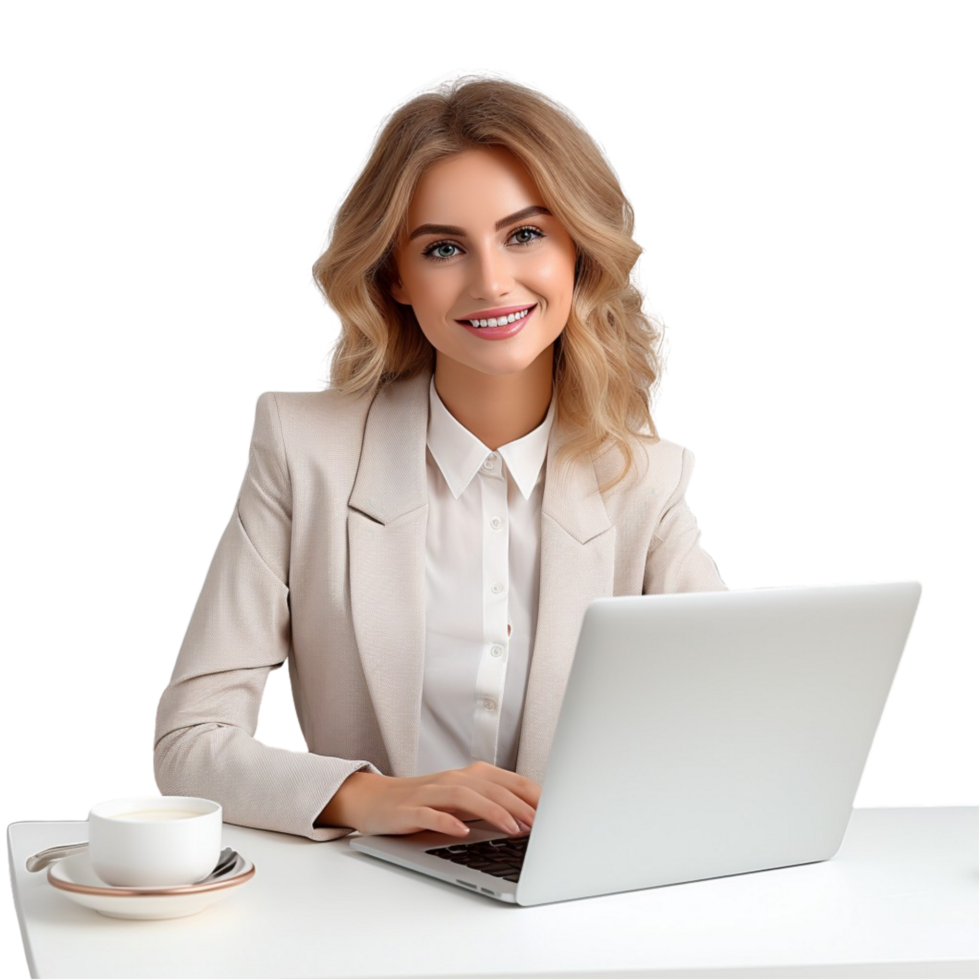 AI generated business woman sitting at desk with laptop png