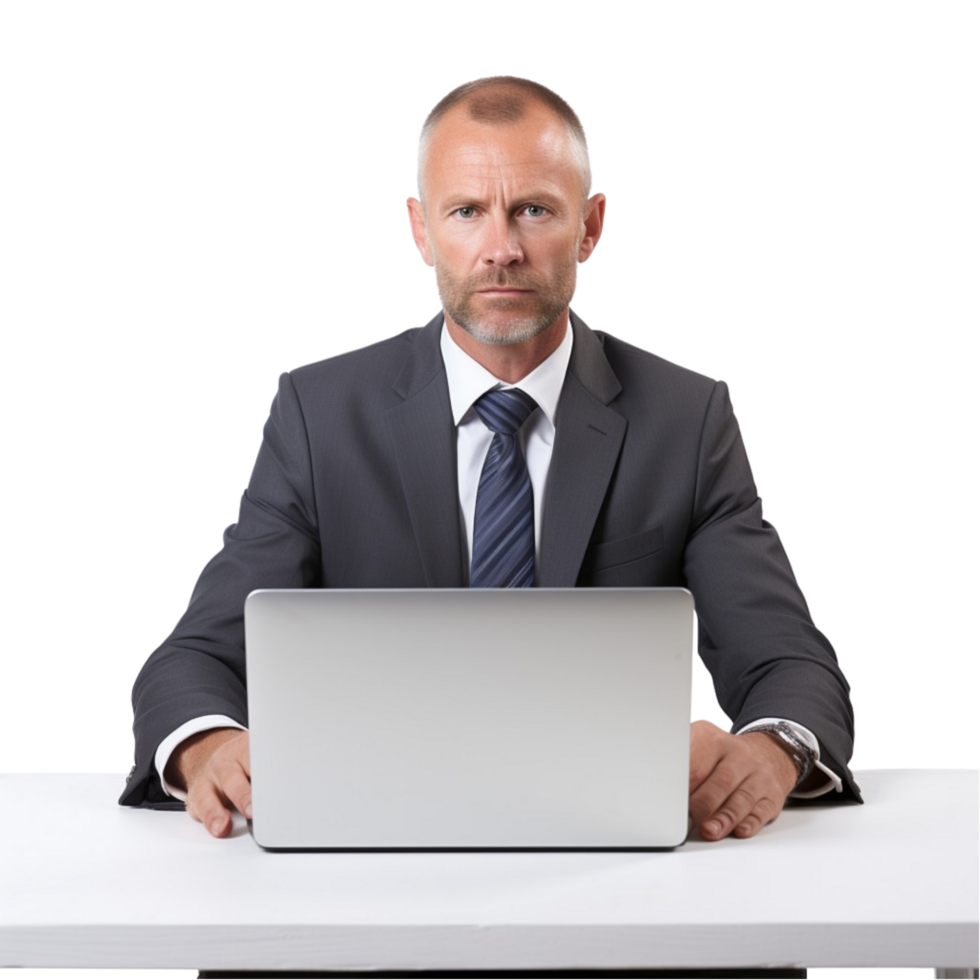 AI generated businessman sitting at table with laptop and coffee png