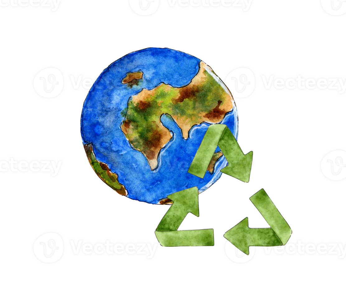 acquerello illustrazione di blu pianeta terra e verde spazzatura raccolta differenziata cartello. terra giorno. ambiente protezione. simbolo riutilizzo eco design. isolato png