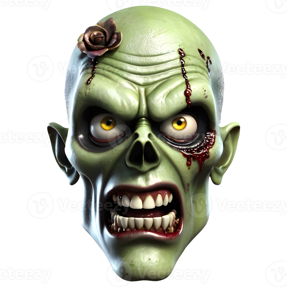 AI generated 3d character Scary Zombie face, 3d rendering style in transparent background png