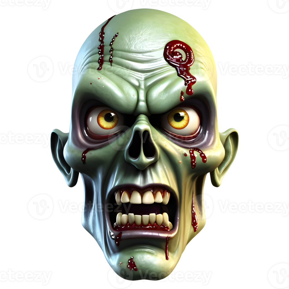 AI generated 3d character Scary Zombie face, 3d rendering style in transparent background png