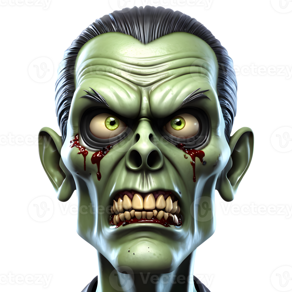 AI generated 3d character Scary Zombie face, 3d rendering style in transparent background png