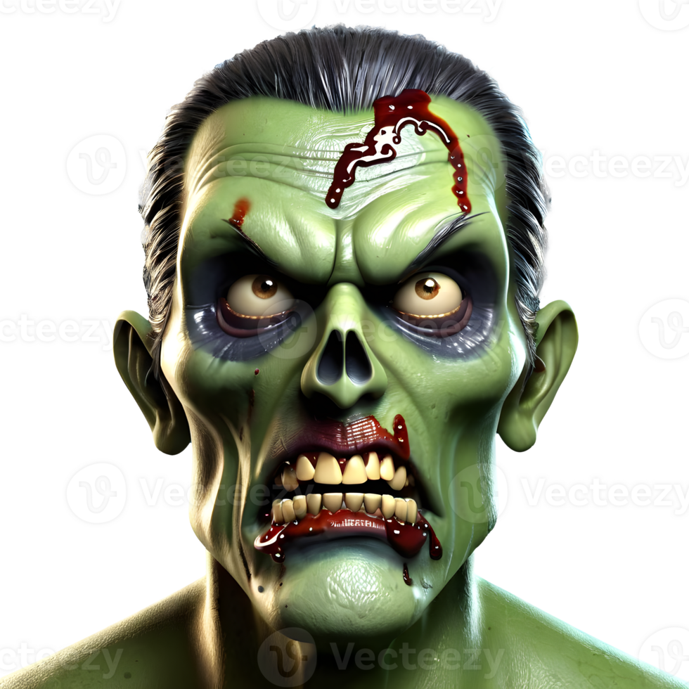 AI generated 3d character Scary Zombie face, 3d rendering style in transparent background png