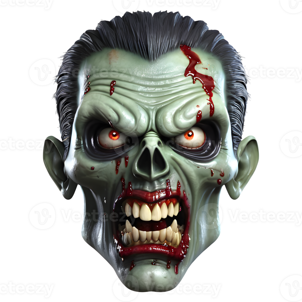 AI generated 3d character Scary Zombie face, 3d rendering style in transparent background png