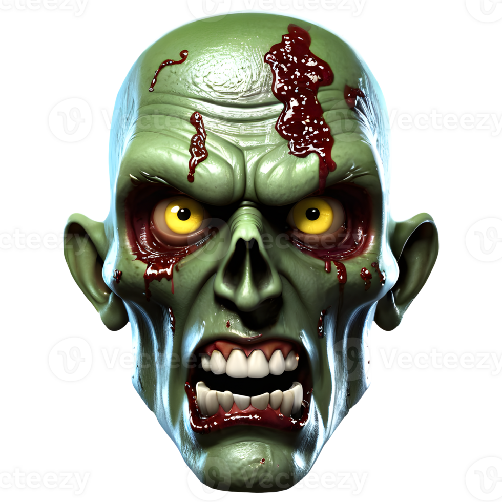 AI generated 3d character Scary Zombie face, 3d rendering style in transparent background png