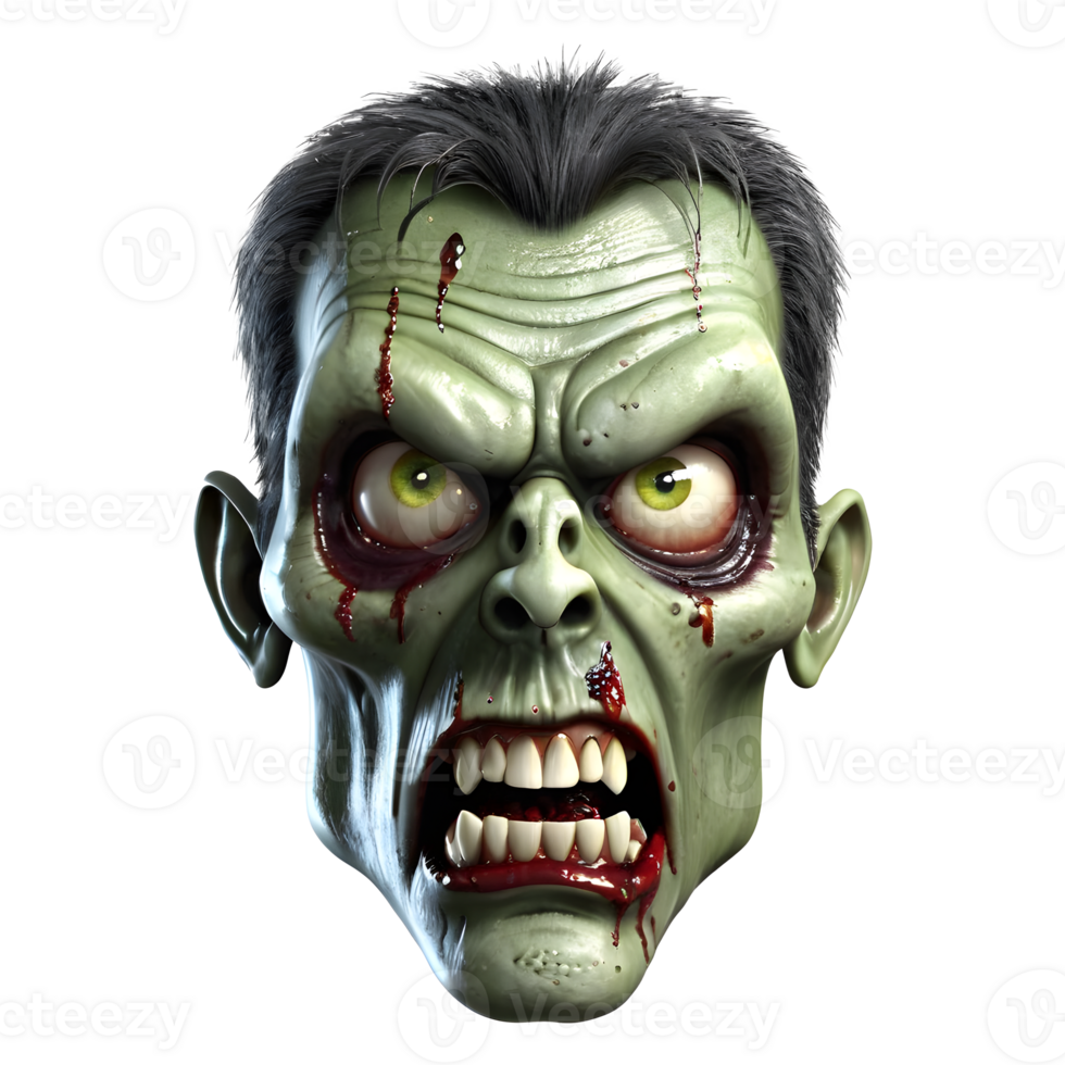AI generated 3d character Scary Zombie face, 3d rendering style in transparent background png