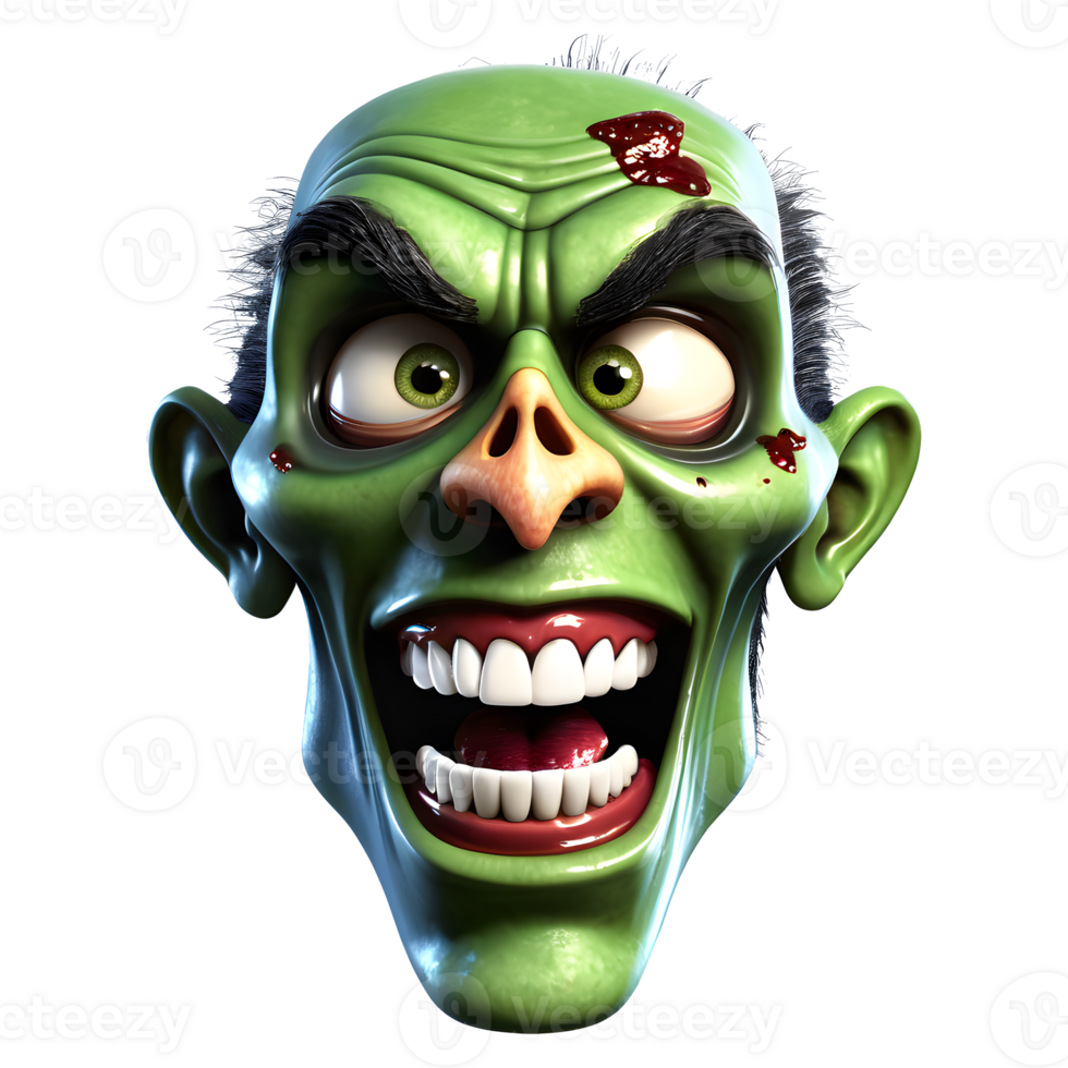 AI generated 3d character Scary Zombie face, 3d rendering style in transparent background png