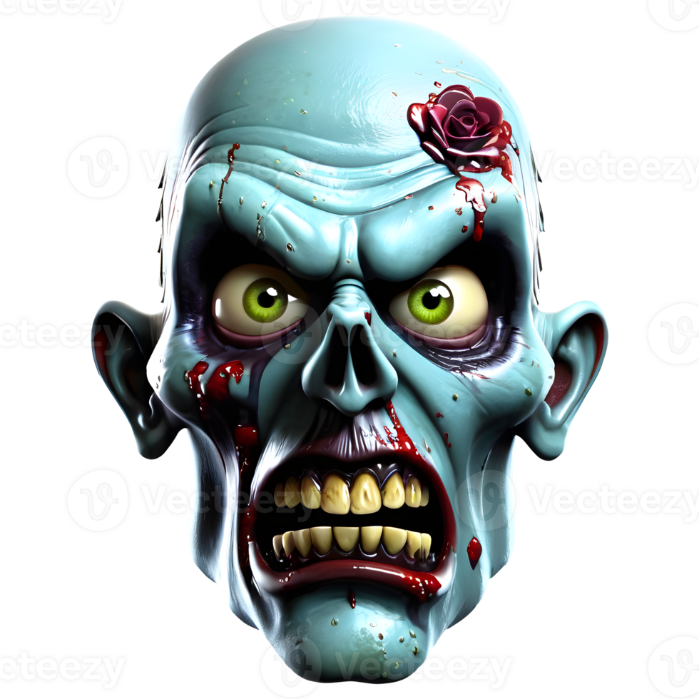 AI generated 3d character Scary Zombie face, 3d rendering style in transparent background png