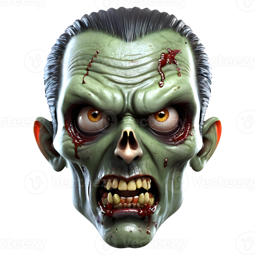 AI generated 3d character Scary Zombie face, 3d rendering style in transparent background png