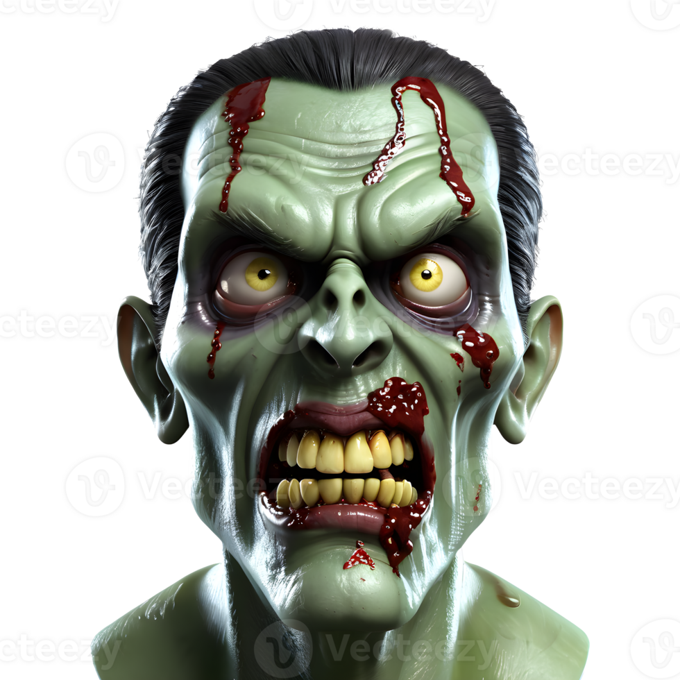 AI generated 3d character Scary Zombie face, 3d rendering style in transparent background png