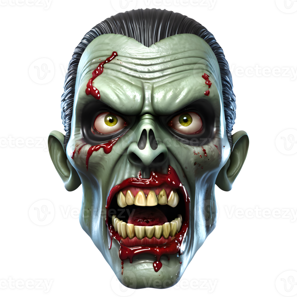 AI generated 3d character Scary Zombie face, 3d rendering style in transparent background png