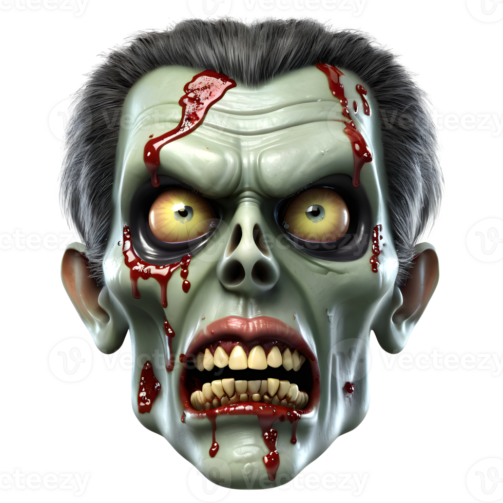 AI generated 3d character Scary Zombie face, 3d rendering style in transparent background png