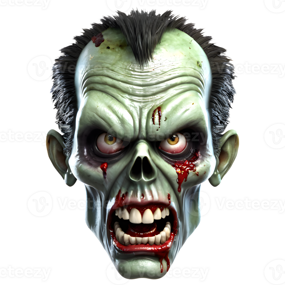 AI generated 3d character Scary Zombie face, 3d rendering style in transparent background png