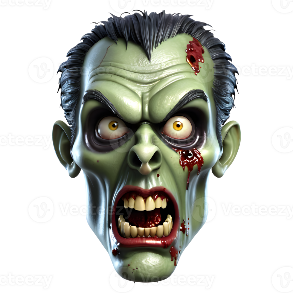 AI generated 3d character Scary Zombie face, 3d rendering style in transparent background png