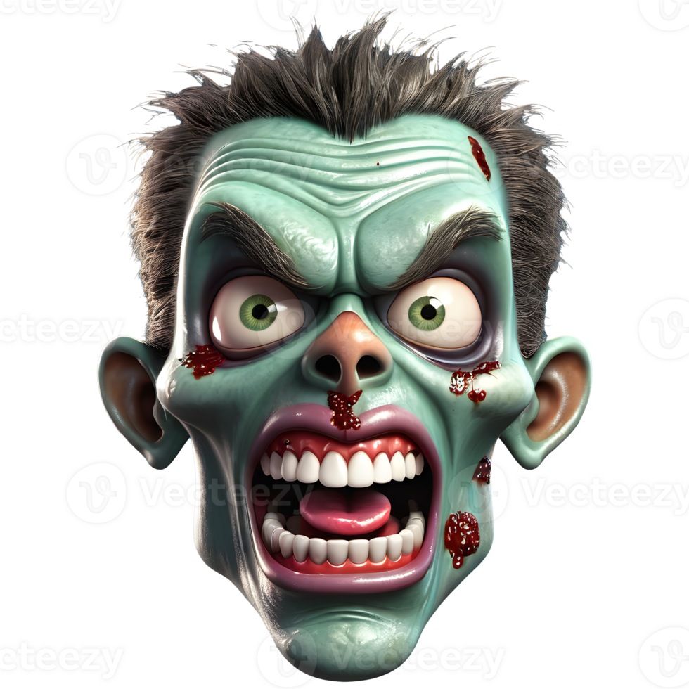 AI generated 3d character Scary Zombie face, 3d rendering style in transparent background png
