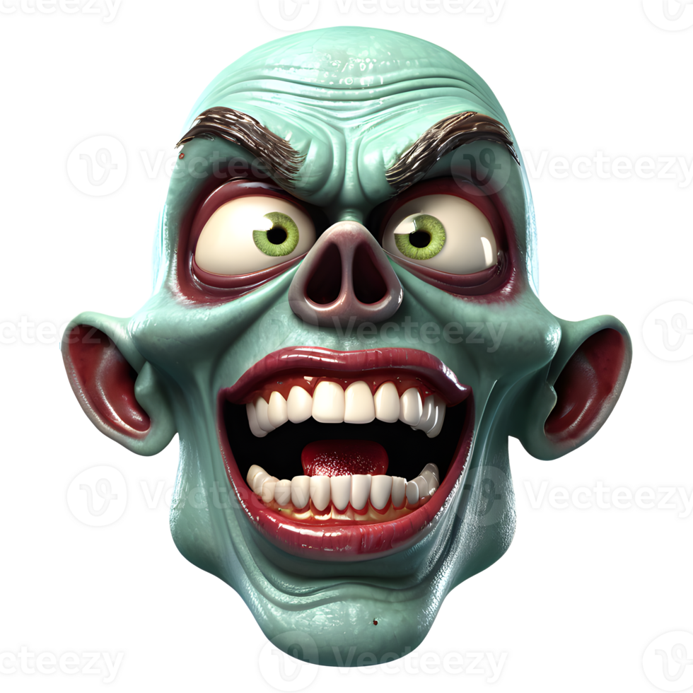 AI generated 3d character Scary Zombie face, 3d rendering style in transparent background png