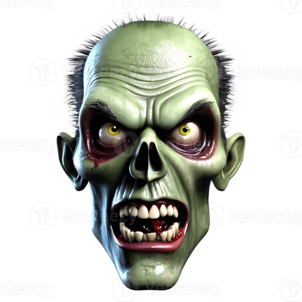 AI generated 3d character Scary Zombie face, 3d rendering style in transparent background png