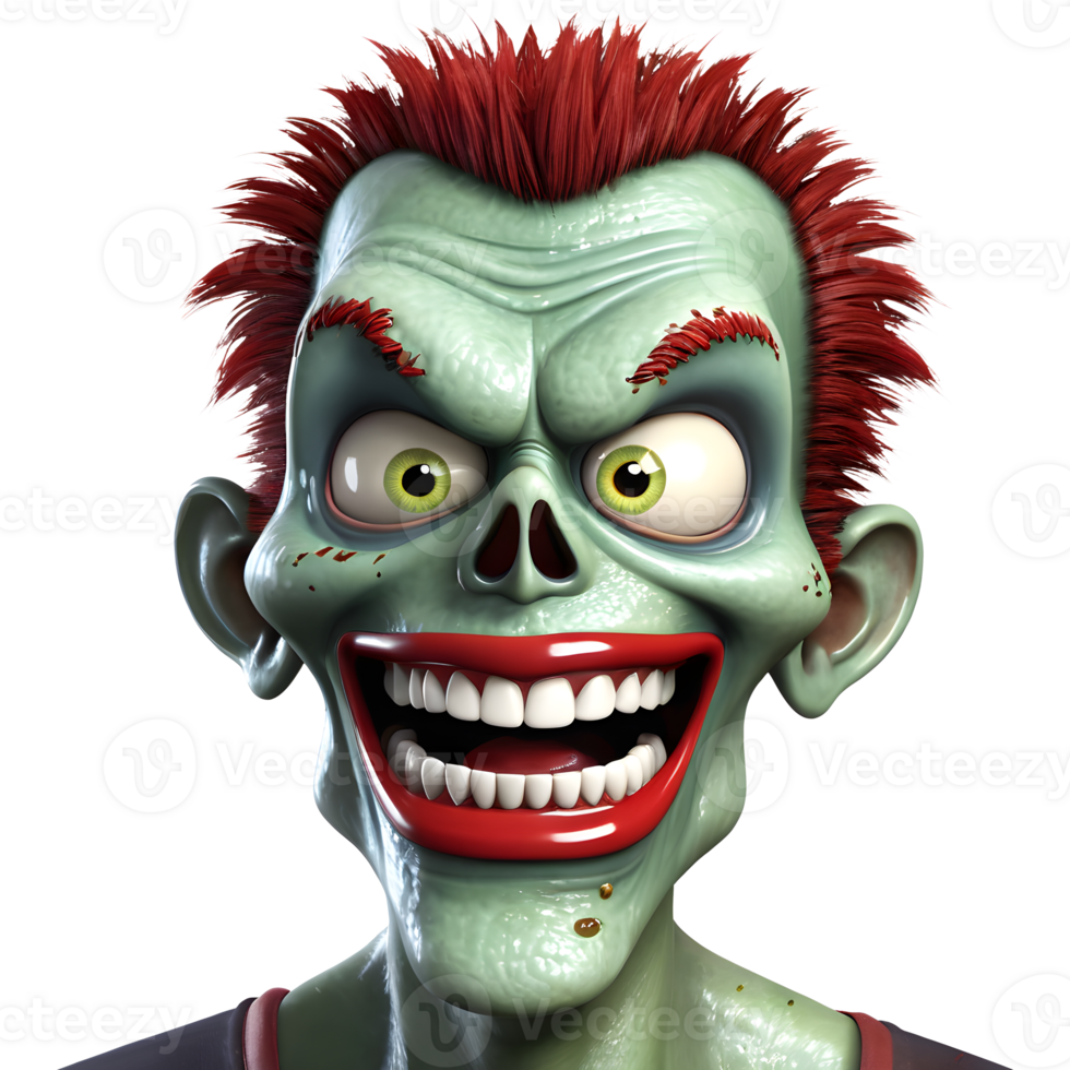 AI generated 3d character Scary Zombie face, 3d rendering style in transparent background png